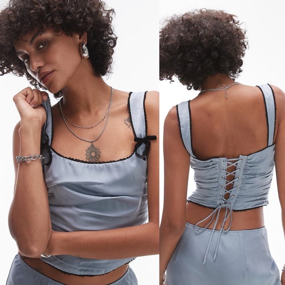 Nia stan bow detail ruched corset top co-ord in slate blue NWT